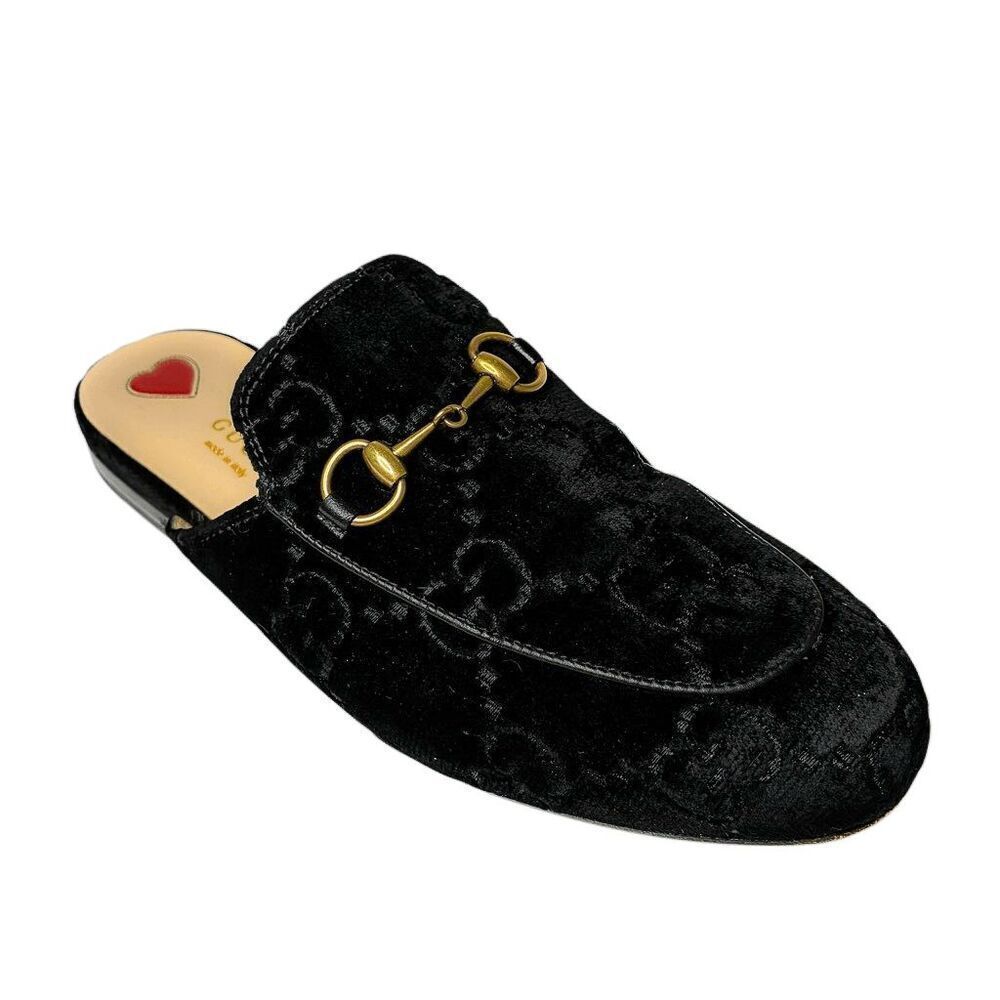 Gucci Princetown Velvet Horsebit Mules Black GG Logo Loafers EU 37 US 7 Monogram